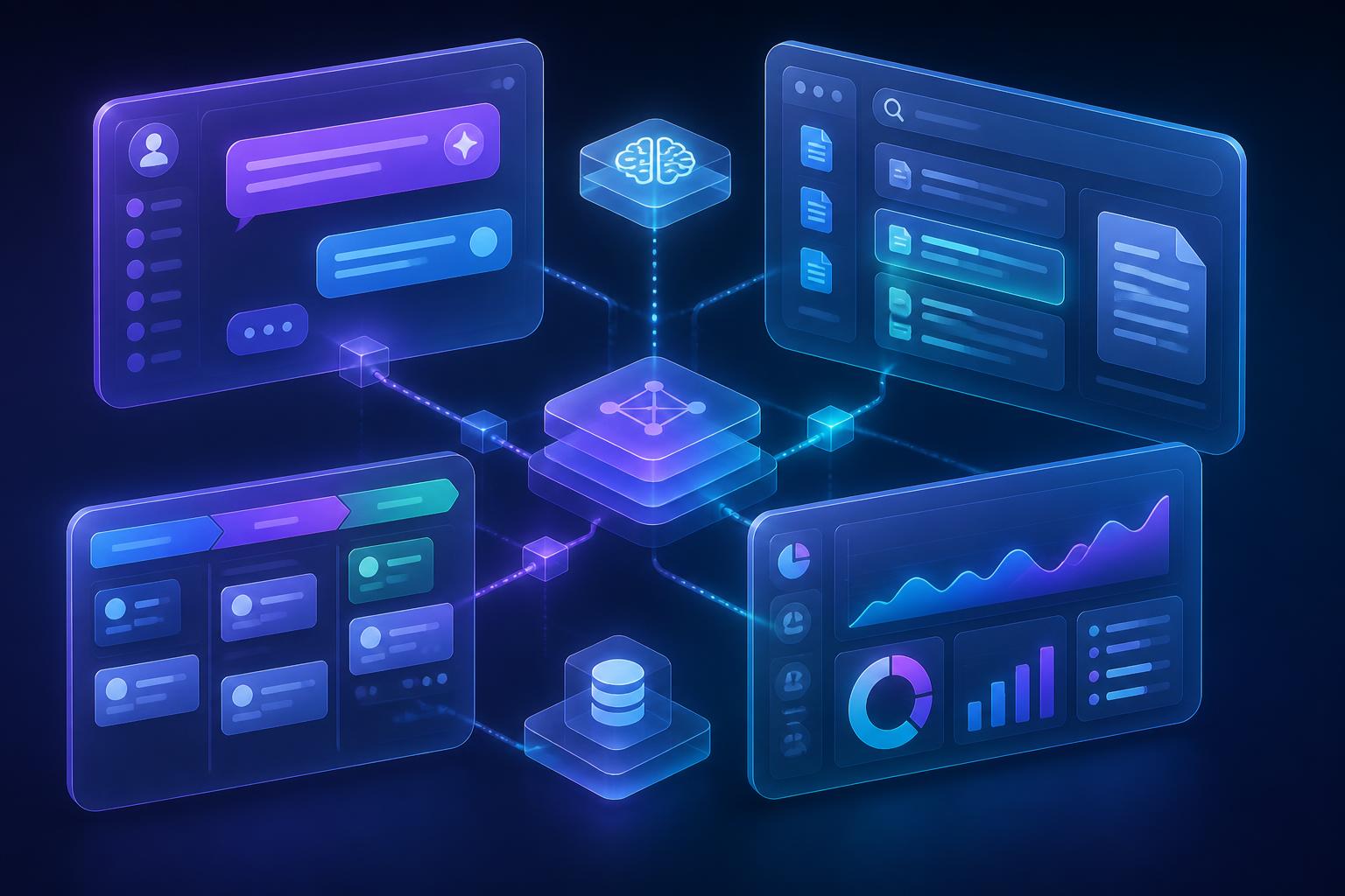 Connected AI workflows: chat, document search, sales pipeline, and analytics dashboards